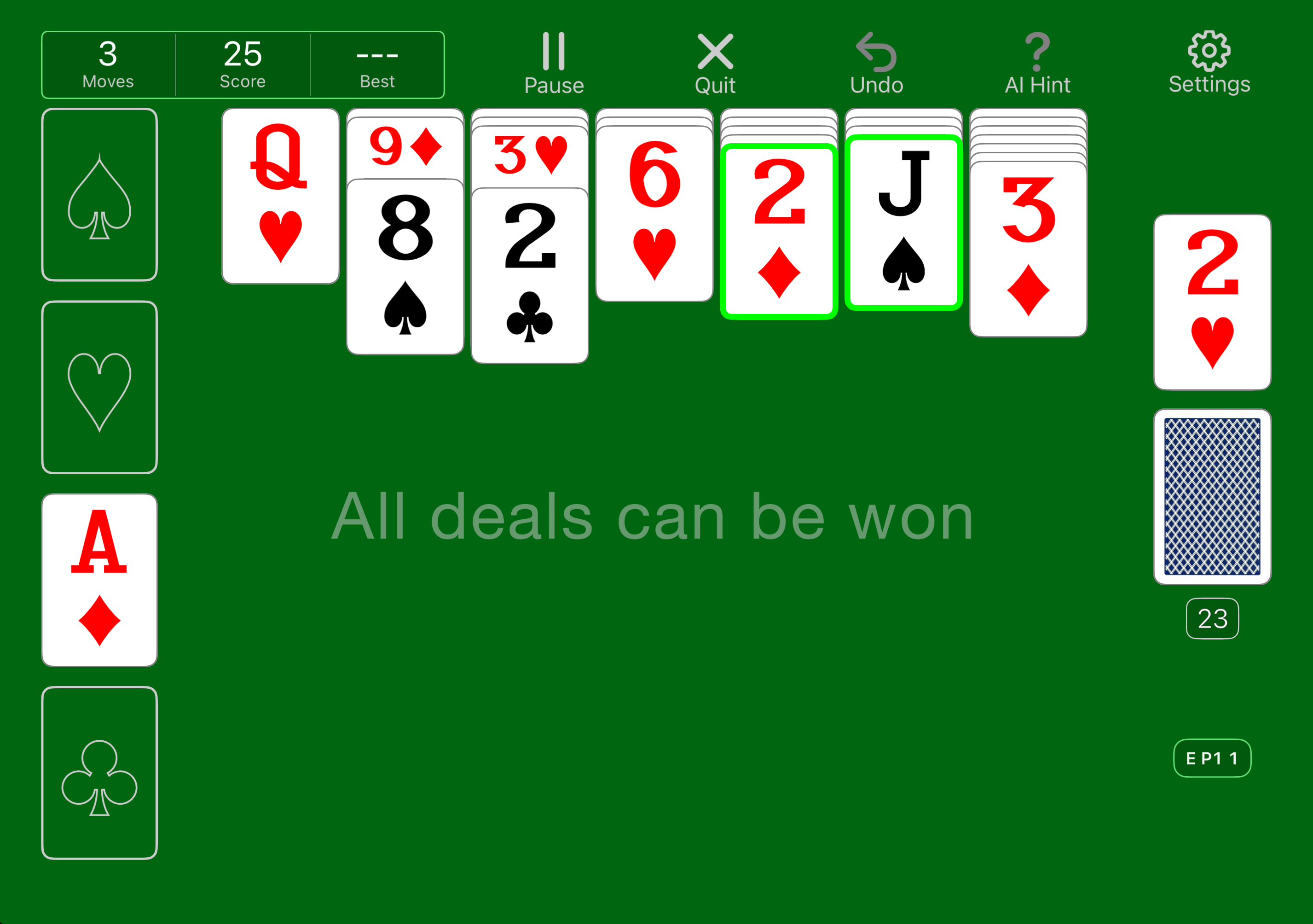 Solitaire on a large display, with clear cards and a full green game table