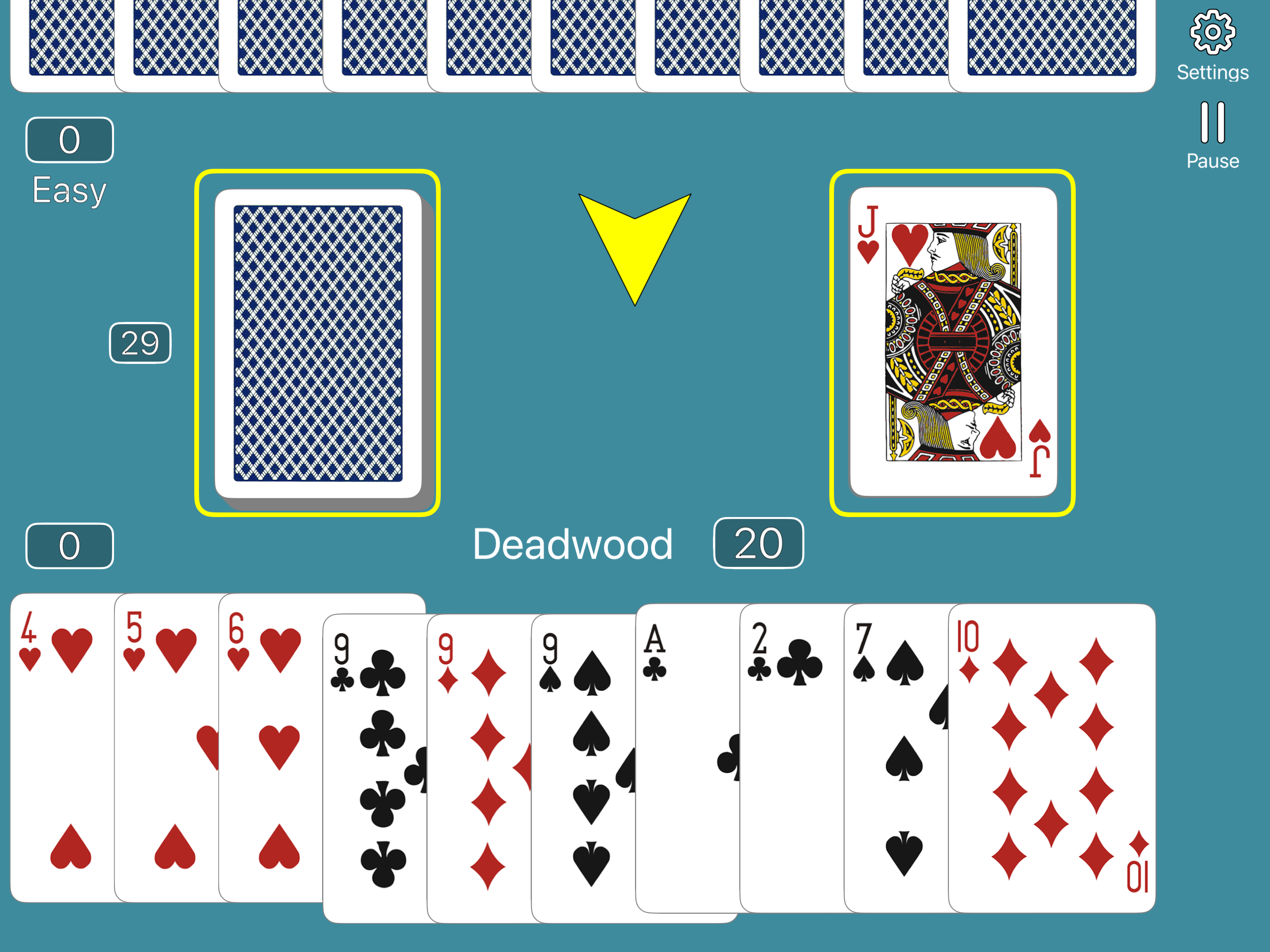Real Gin Rummy in Easy mode: a run of hearts and three nines are grouped in the player's hand, with 20 points of deadwood remaining.