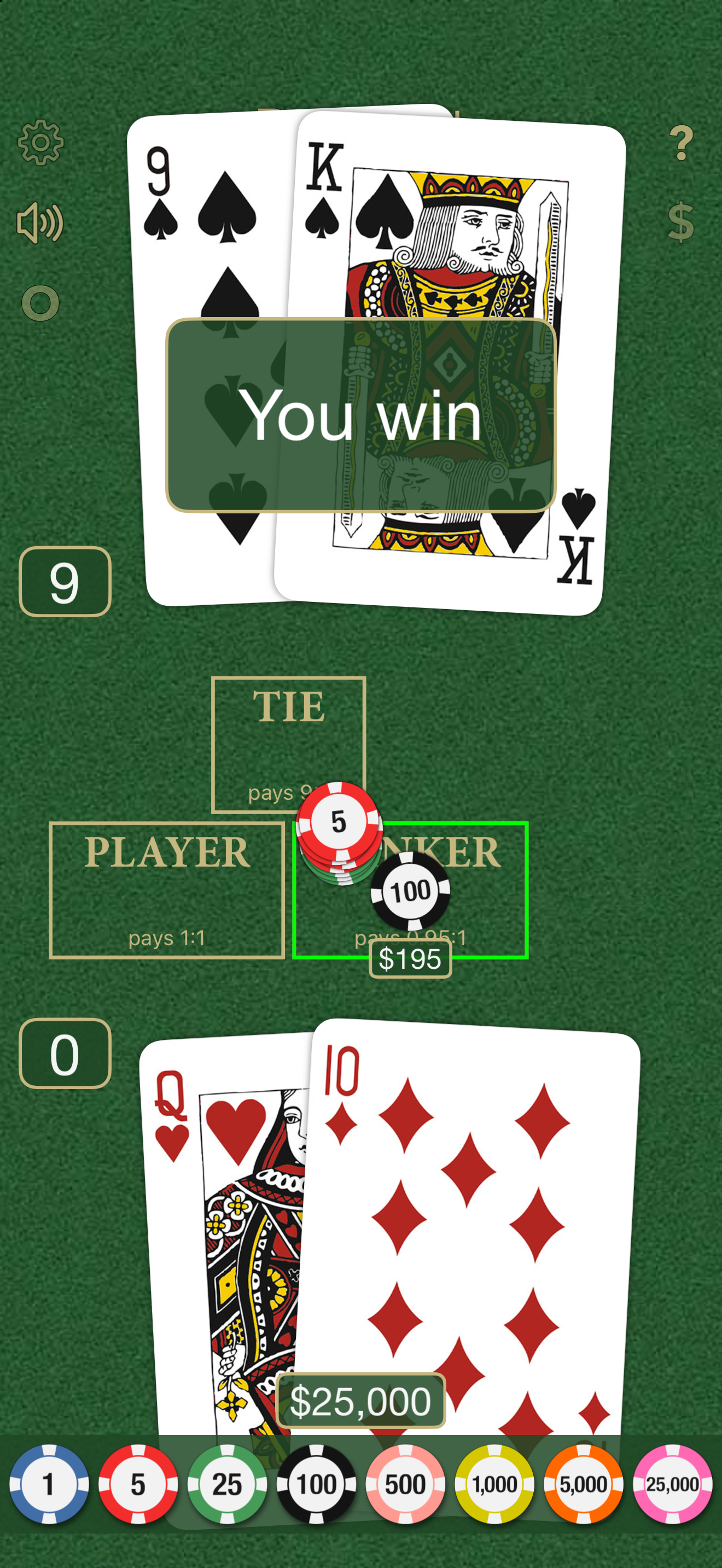 Baccarat table showing large Player and Banker cards and a completed hand.