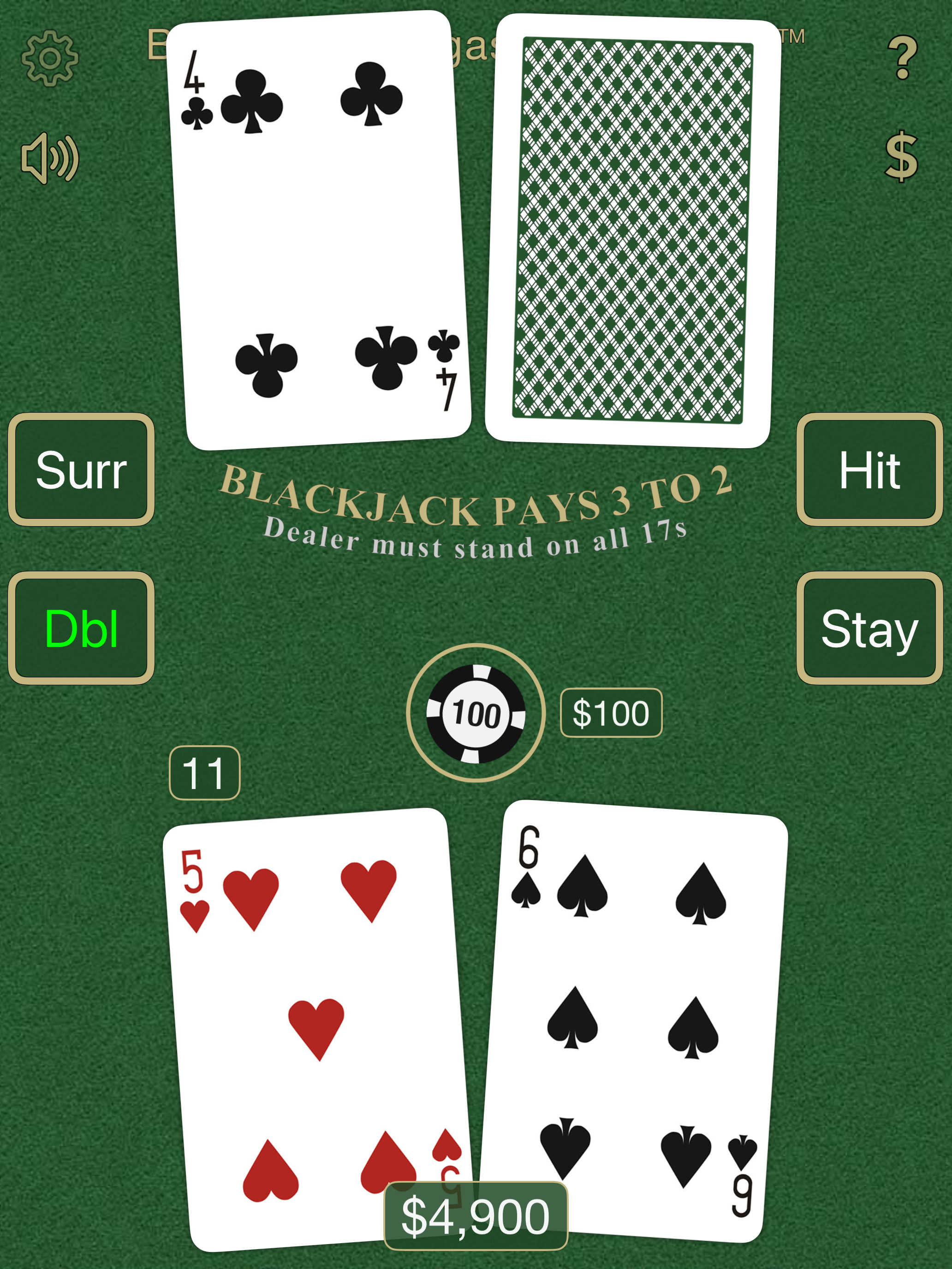 Blackjack hand with a total of eleven against dealer four, with Double highlighted by Basic Strategy advice.