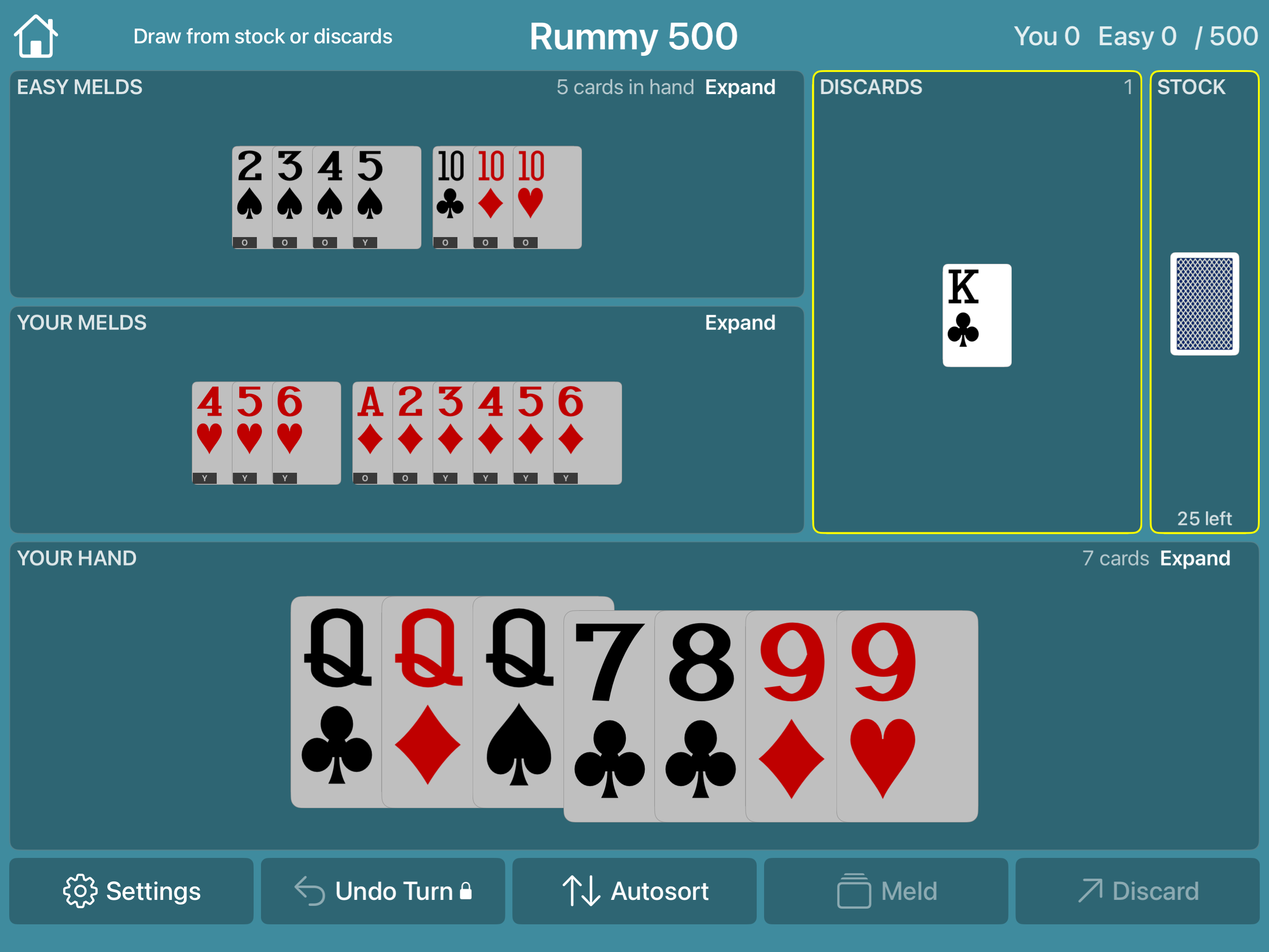 Rummy 500 gameplay with player and computer melds, a discard pile and a clearly arranged player hand.