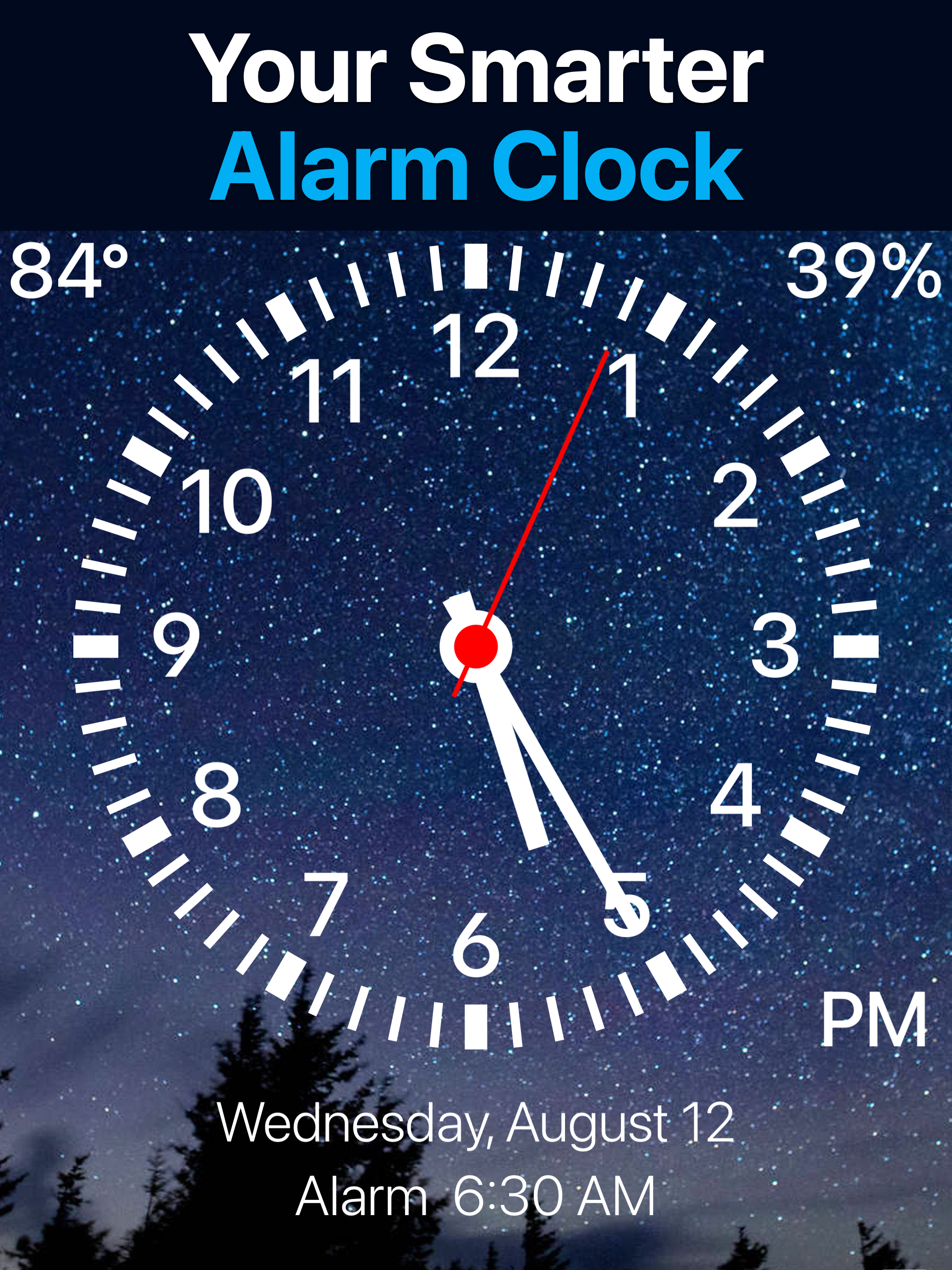 TalkingAlarm App Store artwork showing the digital bedside clock and alarm controls.