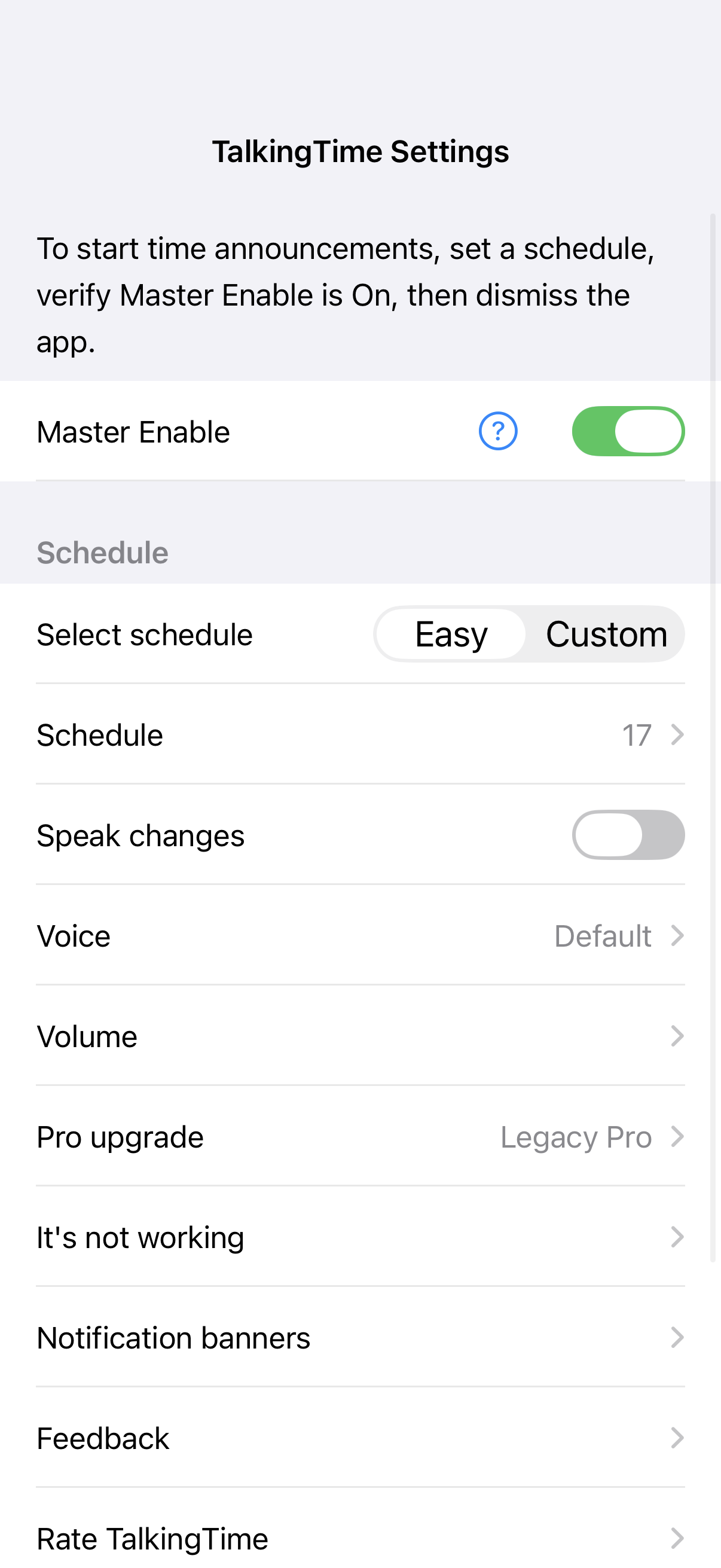 TalkingTime settings with Master Enable on and the Easy schedule selected.
