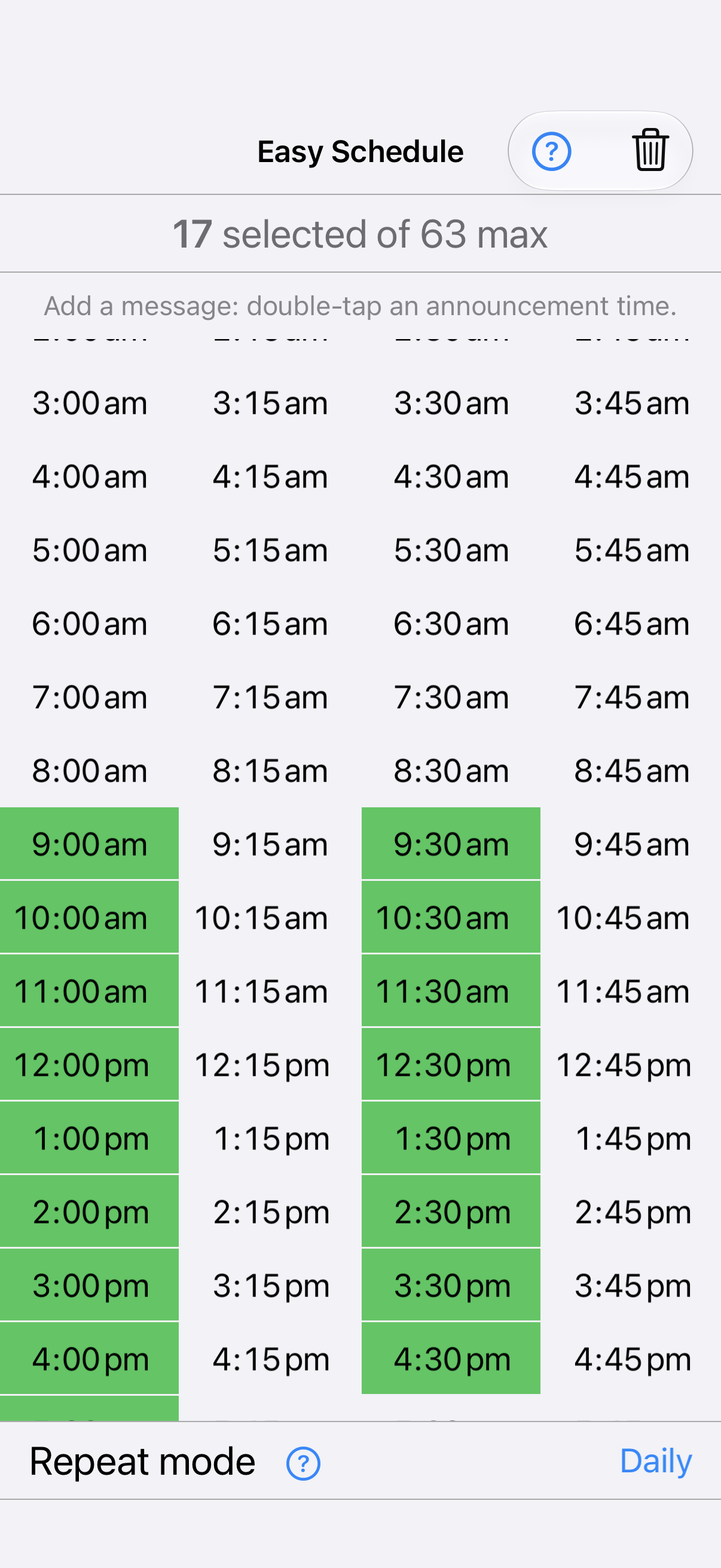 The Easy schedule showing selected announcement times and the message-editing hint.